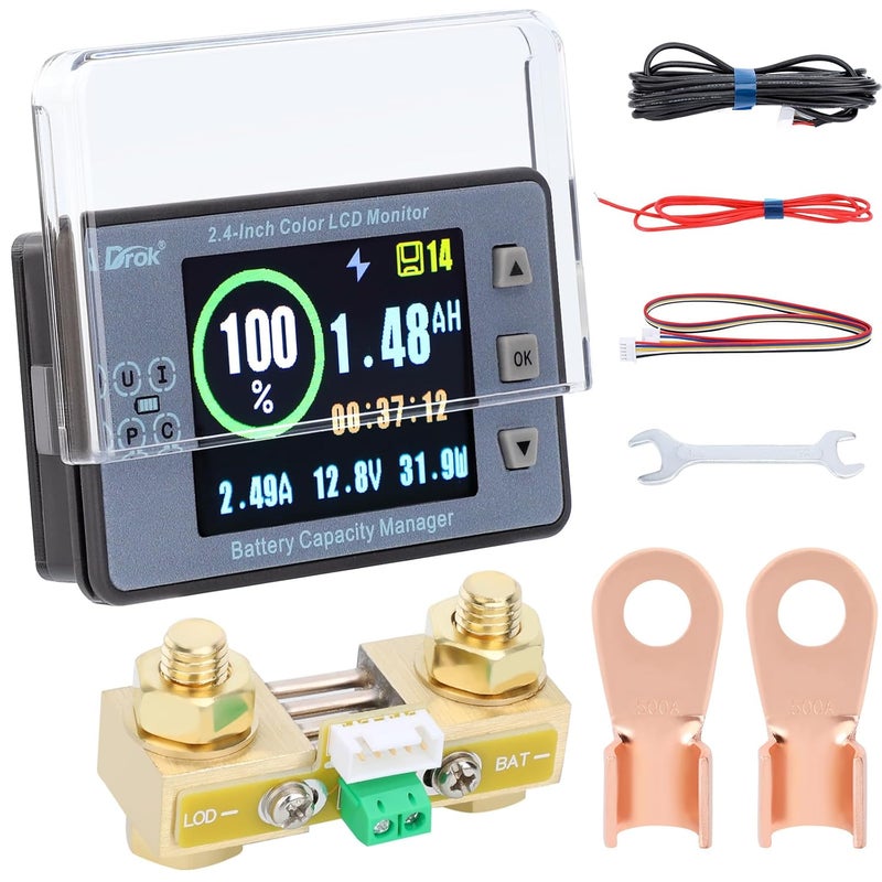 DROK عداد بطارية، DC 8-100V 500A نوع مقسم متعدد الاختبار 12V 24V 36V 48V 60V عداد واط، نسبة السعة الوقت الطاقة الفولتميتر الأمبير لمركبات RV الألواح الشمسية عربات الجولف صوت السيارة - Image 1